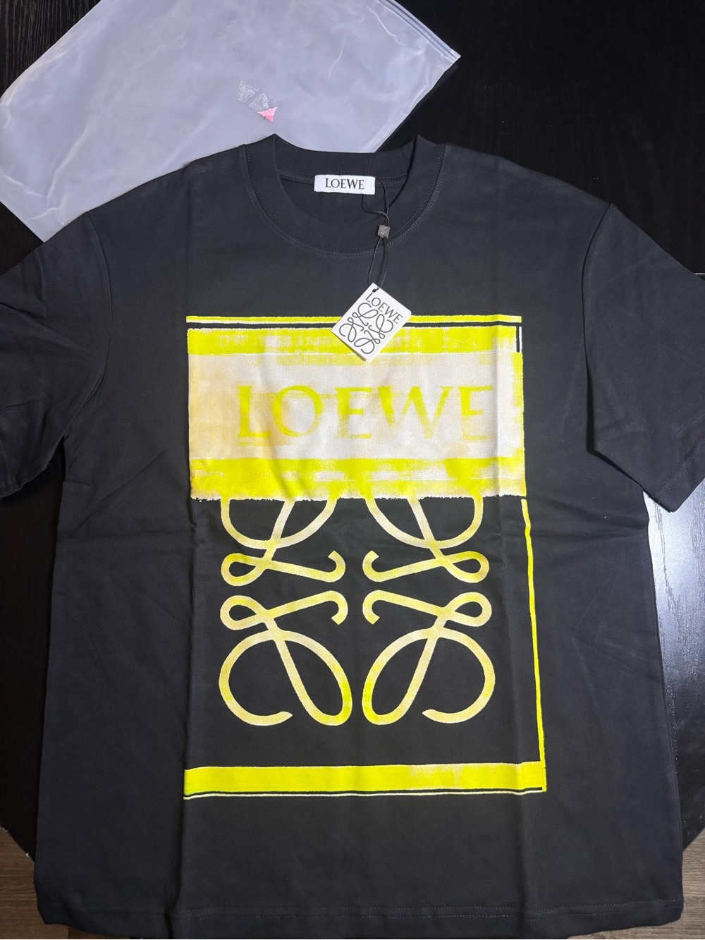 Loewe Black Short-Sleeve Tee with Neon Yellow Logo Panel